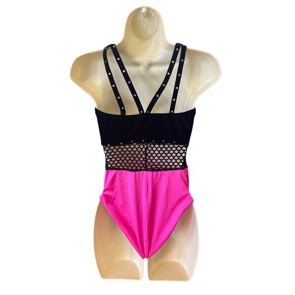 Art Stone Girls' Pink Gymnastics Leotard w Black Lace & Rhinestones Child Large - Picture 2 of 2